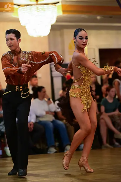 Dancesport competitor: Male dancer: brown long-sleeved shirt with small embellishments, black trousers,