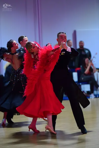 Dancesport competitor: Female dancer: black lace or sequin ballroom dress