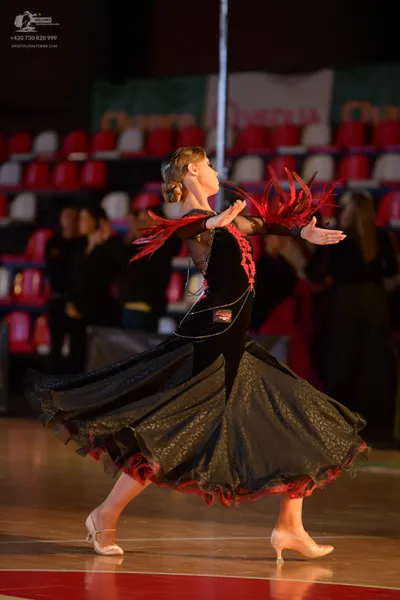Dancesport competitor: Female dancer: black ballgown with red feathery/fringed accents on the sleeves a