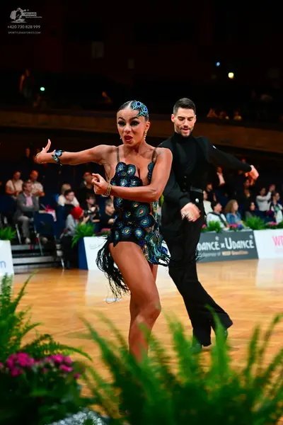 Dancesport competitor: Female dancer: dark Latin dance dress with colorful, peacock-like sequined patte