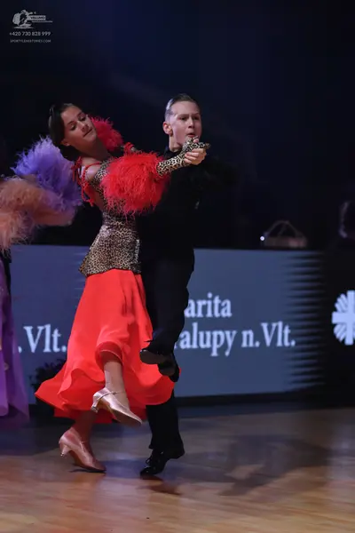 Dancesport competitor: Female dancer: leopard print bodice with large red feather trim on the shoulders