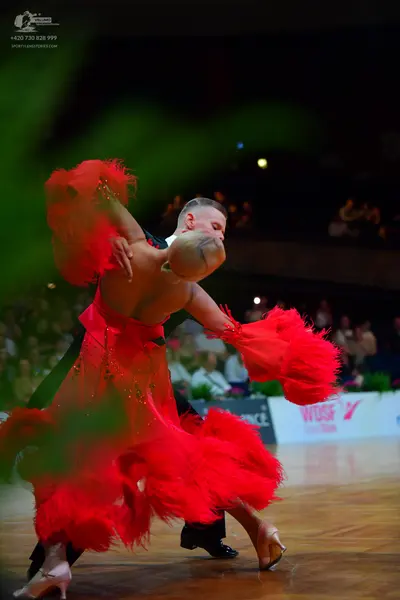 Dancesport competitor: Female dancer: red latin dress with large red feathers or voluminous fringe