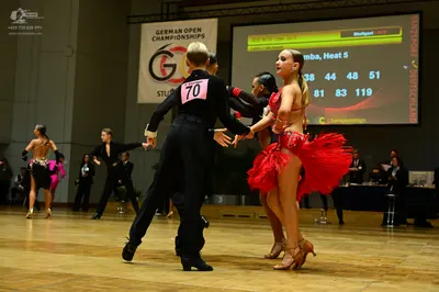 Dancesport competitor #70: Male dancer in center: black long-sleeved shirt and black trousers