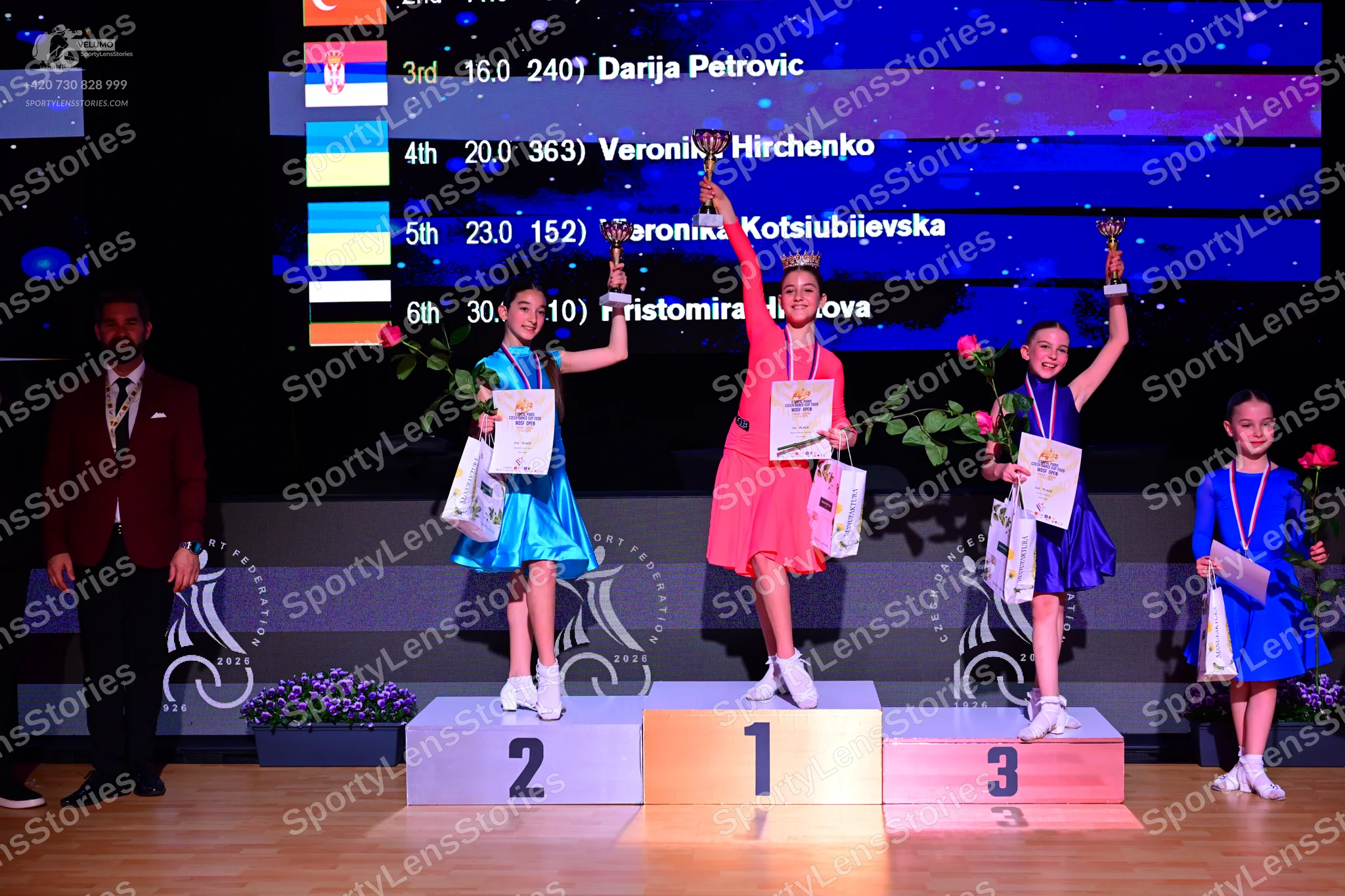 Dancesport competitor: Male dancer: dark red suit jacket with a white shirt and tie, and dark trousers