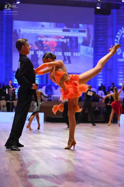 Dancesport competitor: Male dancer in the foreground: black long-sleeved dance shirt and black trousers