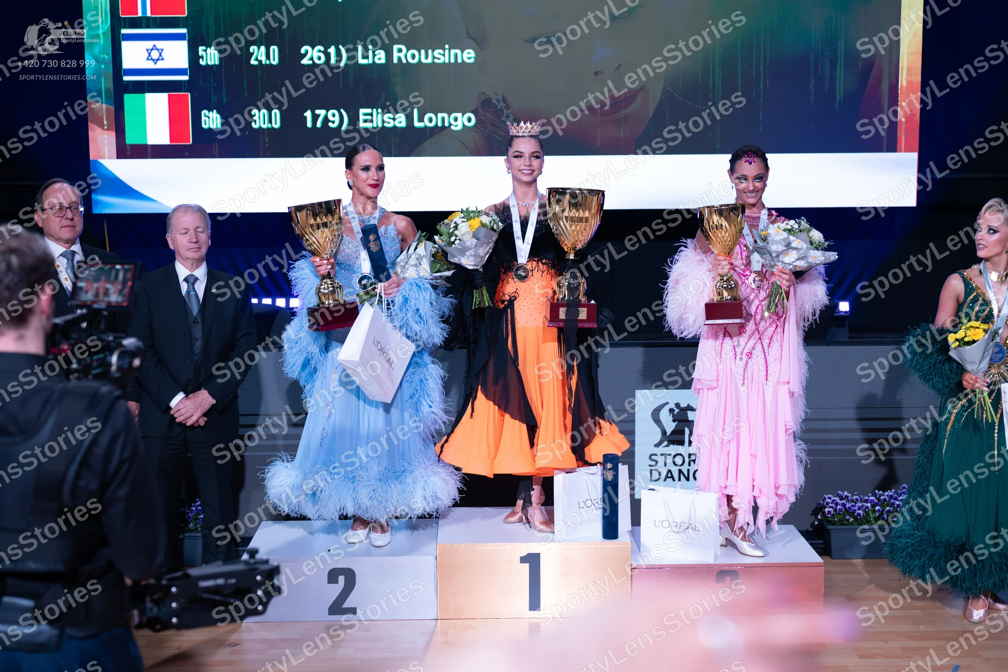 Dancesport competitor: Female dancer: light blue ballgown with a voluminous, feathery skirt