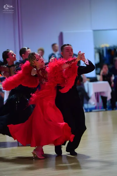 Dancesport competitor: Female dancer: red latin dress with large red feathered sleeves and a flowing re