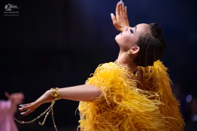 Dancesport competitor: Female dancer in foreground: yellow Latin dress with heavy fringe/feathers and a