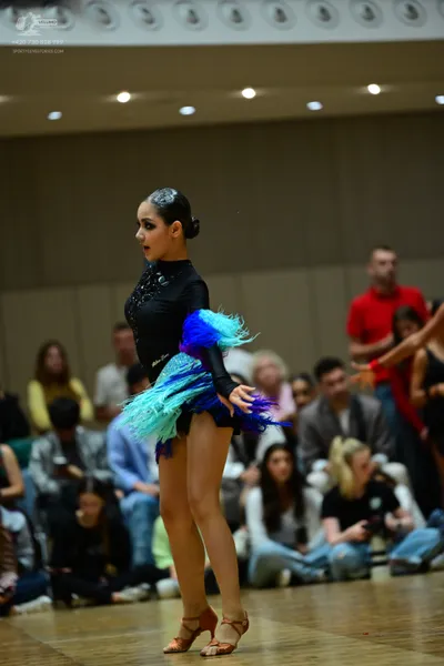 Dancesport competitor: Female dancer: black long-sleeved latin dance costume with a bodice featuring sm