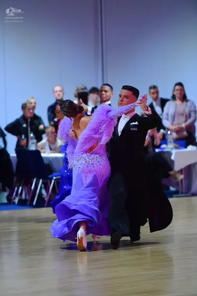 Dancesport competitor: Female dancer: light purple ballroom dress with rhinestones and feathery trim