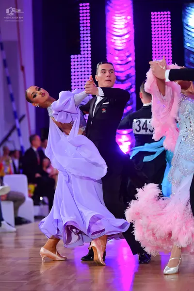 Dancesport competitor #343: Female dancer: lavender ballgown with a shimmering bodice and voluminous ruffled