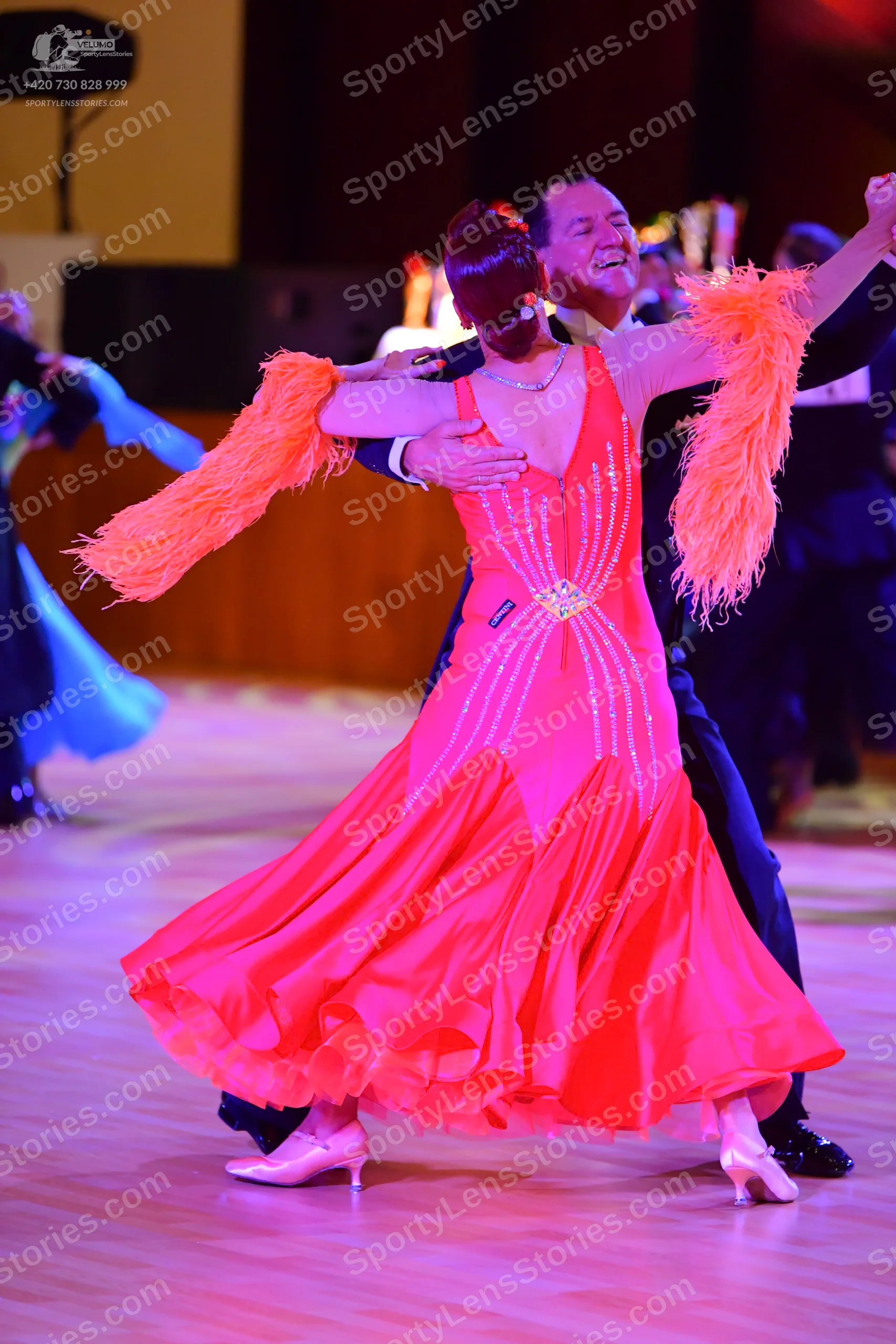 Dancesport competitor: Here's a description of the dancers' costumes in the photo, formatted as request