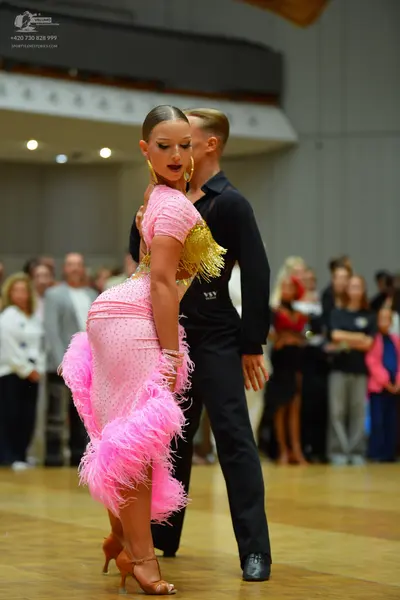Dancesport competitor: Female dancer: pink latin dress with sequins and pink feathers, gold fringe deta