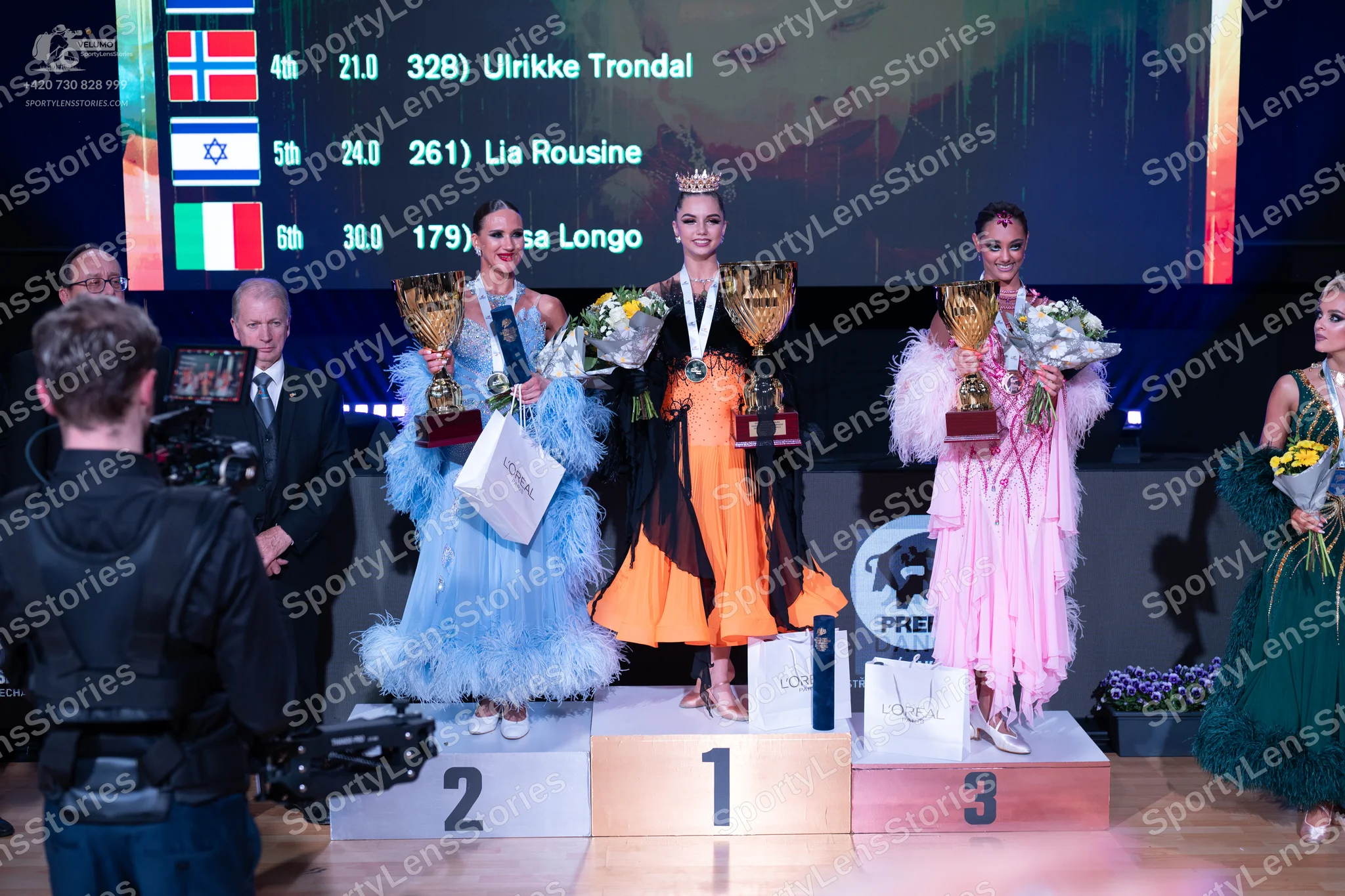 Dancesport competitor: Female dancer 1: light blue ballgown with voluminous feather or ruffle trim