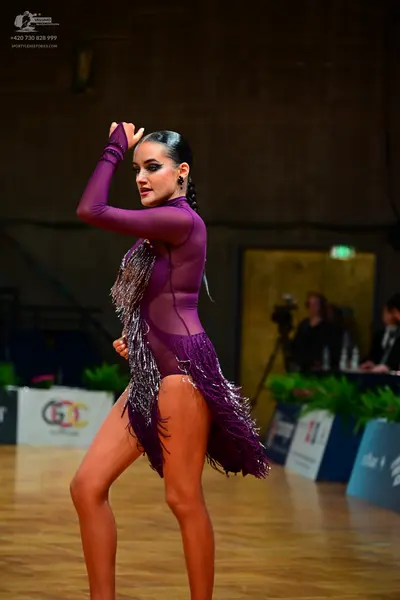Dancesport competitor: Female dancer: purple latin dress with long sleeves, sheer fabric, and long frin