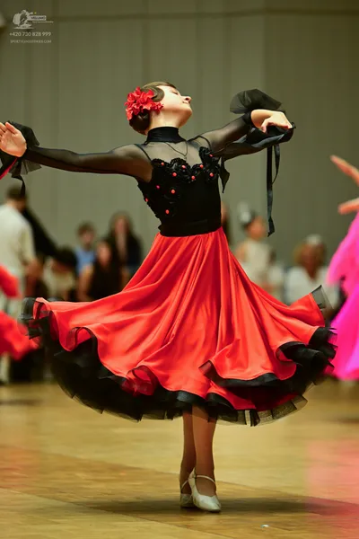 Dancesport competitor: Dancers**

**Dancer 1 (Center - Red):**
*   **Color:** Primarily vibrant red