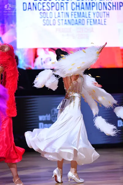 Dancesport competitor: Female dancer 1: bright red/pink long ballroom gown with textured, ruffled fabri
