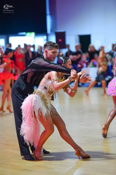 Dancesport competitor: Male dancer: black long-sleeved top with sheer sleeves and black trousers