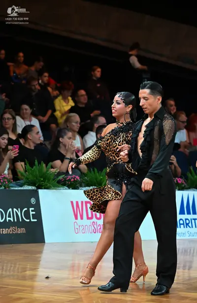 Dancesport competitor: Female dancer: leopard print latin dress with a sheer long sleeve and black sequ