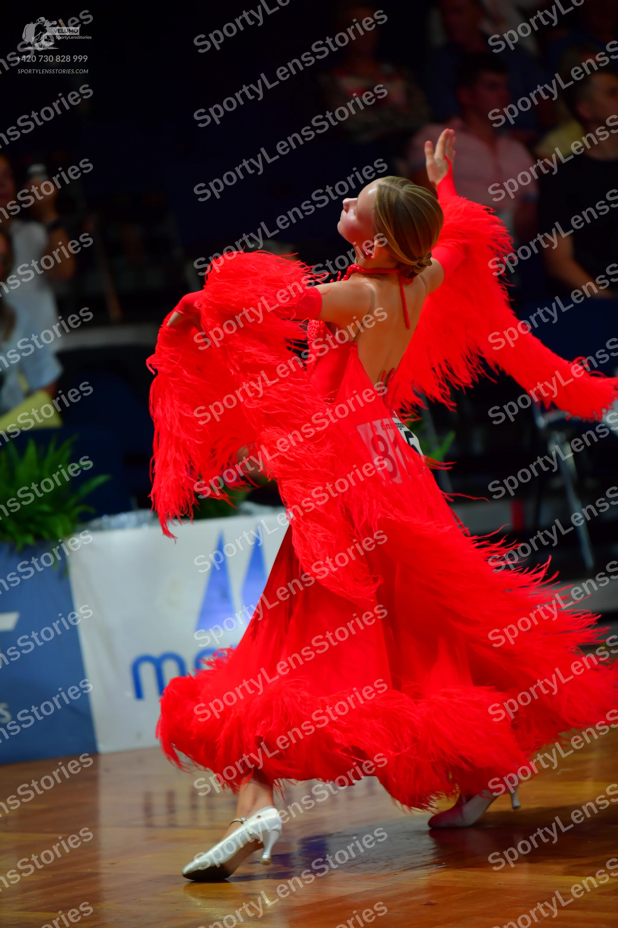 Dancesport competitor #88: Female dancer: red ballroom dress with long fringe on the sleeves and skirt