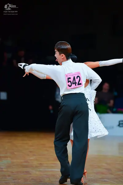 Dancesport competitor: Male dancer: white long-sleeved shirt with small sequins on the cuffs and black 