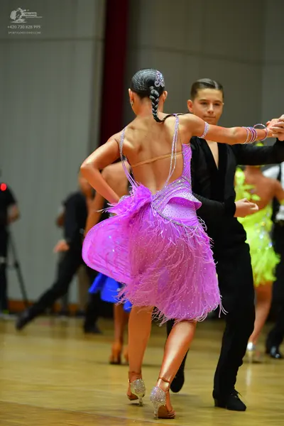 Dancesport competitor: Female dancer: pink/lavender Latin dress with sequins and long fringe, thin stra