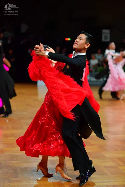 Dancesport competitor: Male dancer: black ballroom tailcoat, black trousers, and a white shirt