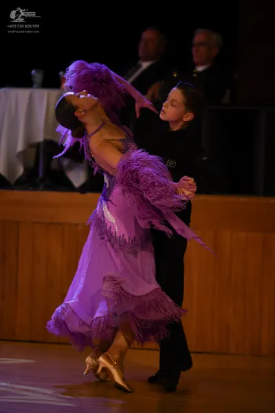 Dancesport competitor: ** Purple/lavender latin dress with layers of tulle and feather accents