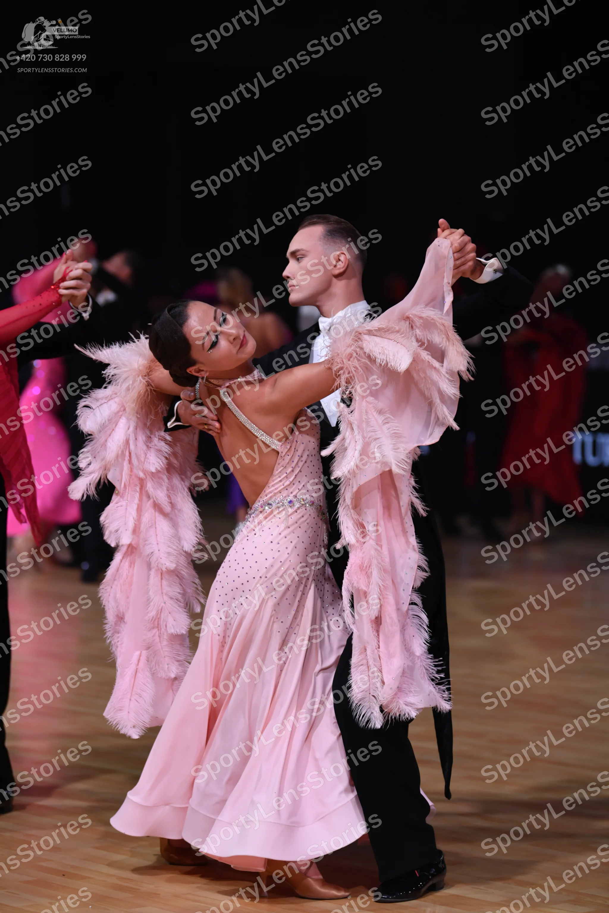 Dancesport competitor: Main female dancer: light pink ballroom gown with large, voluminous, feathery sl