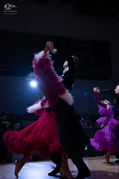 Dancesport competitor: Main female dancer: fuchsia dance dress with white feather-like trim on the bodi