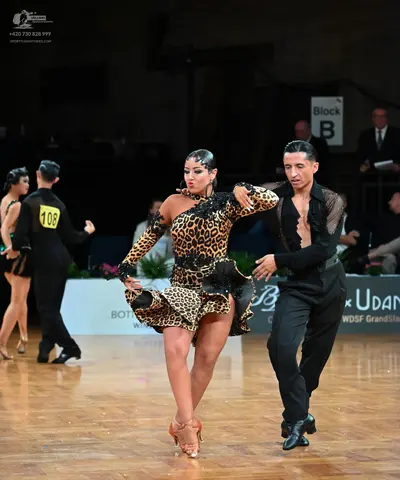 Dancesport competitor #108: Female dancer (left): black latin dress