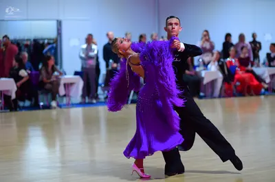 Dancesport competitor: Female dancer: purple latin dress with large, fluffy purple feathers or thick fr
