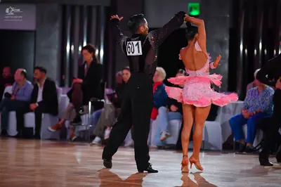 Dancesport competitor #601: Male dancer: black long-sleeved top with shimmer and black trousers