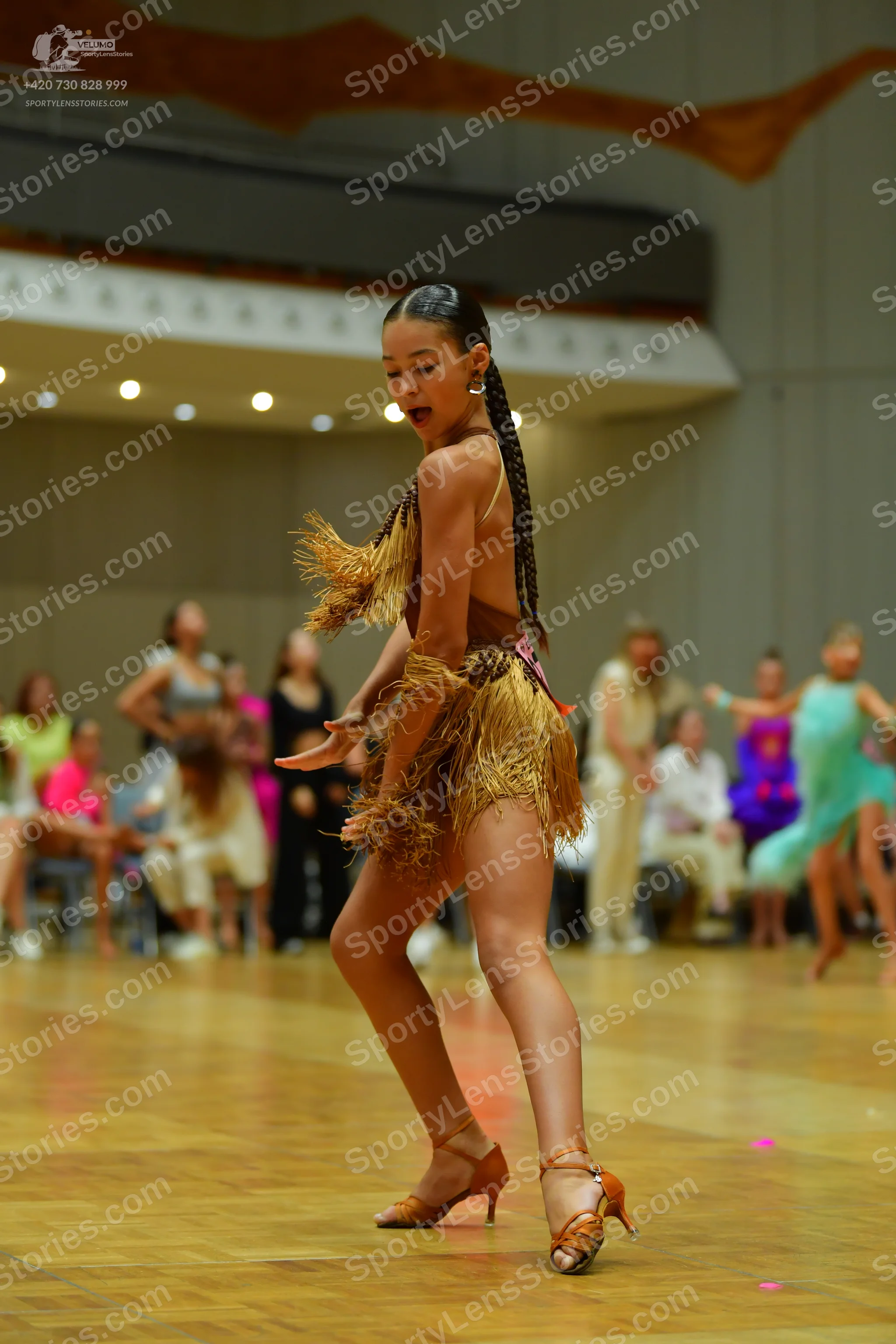 Dancesport competitor: Female dancer: brown latin costume with long, heavy fringe