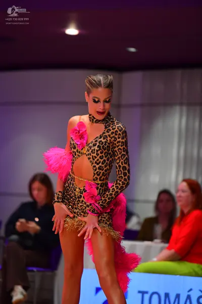 Dancesport competitor: Female dancer: leopard print latin dress with pink feather accents and gold frin