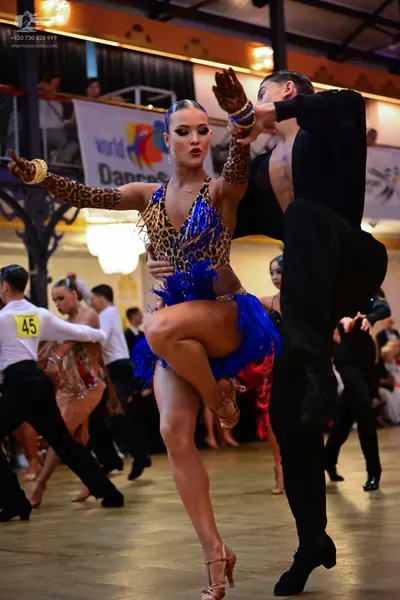 Dancesport competitor #45: Main female dancer: leopard print top and long sleeves with a blue fringe skirt 