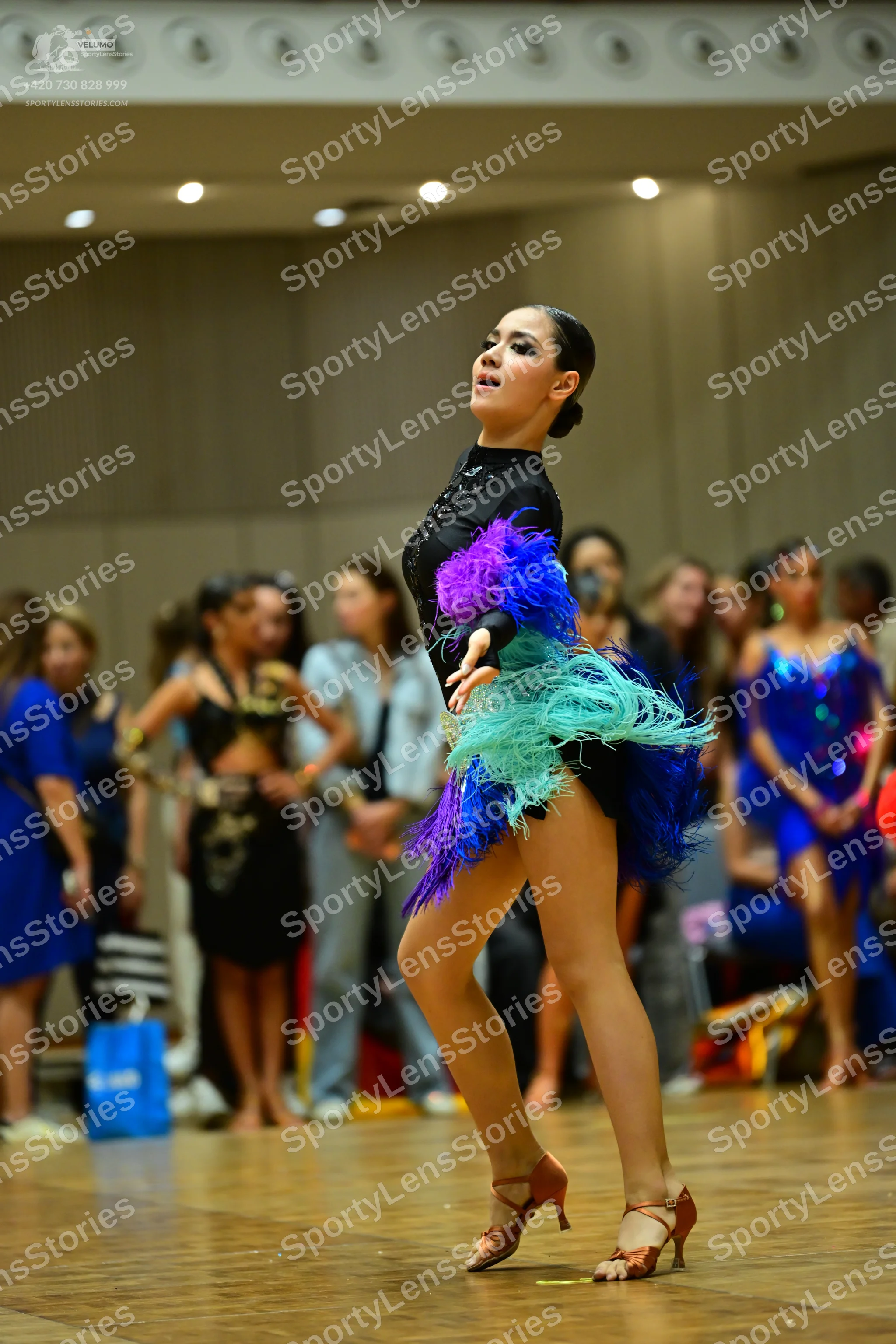 Dancesport competitor: Main dancer: black long-sleeved Latin dance top with a voluminous skirt made of