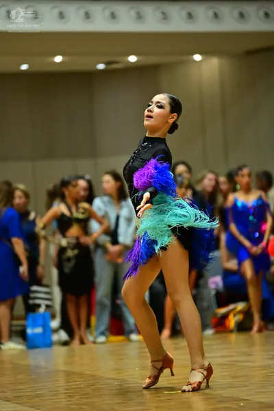 Dancesport competitor: Main dancer: black long-sleeved Latin dance top with a voluminous skirt made of 