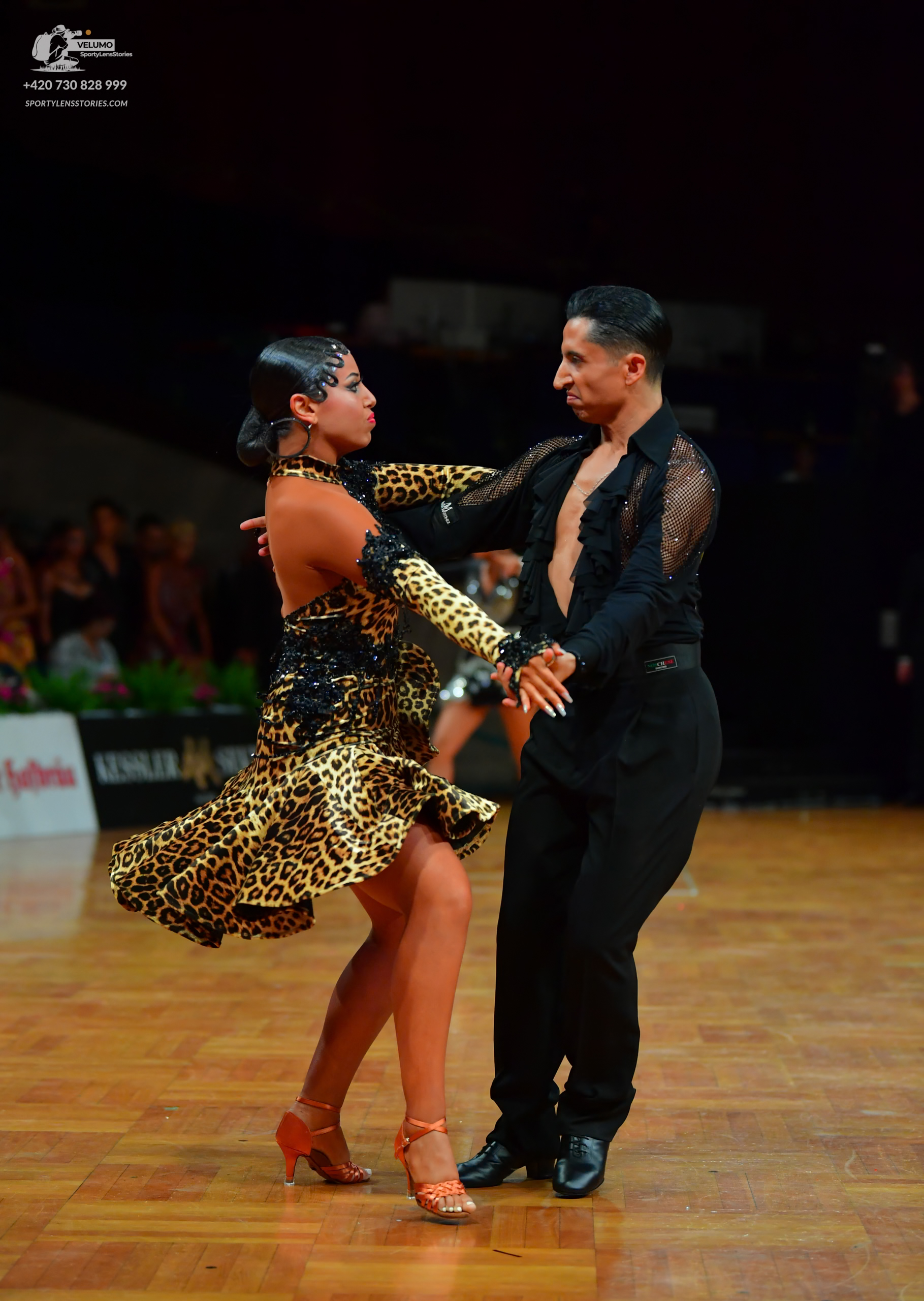 Dancesport competitor: Female dancer: leopard print Latin dress with black lace/sequin embellishments a