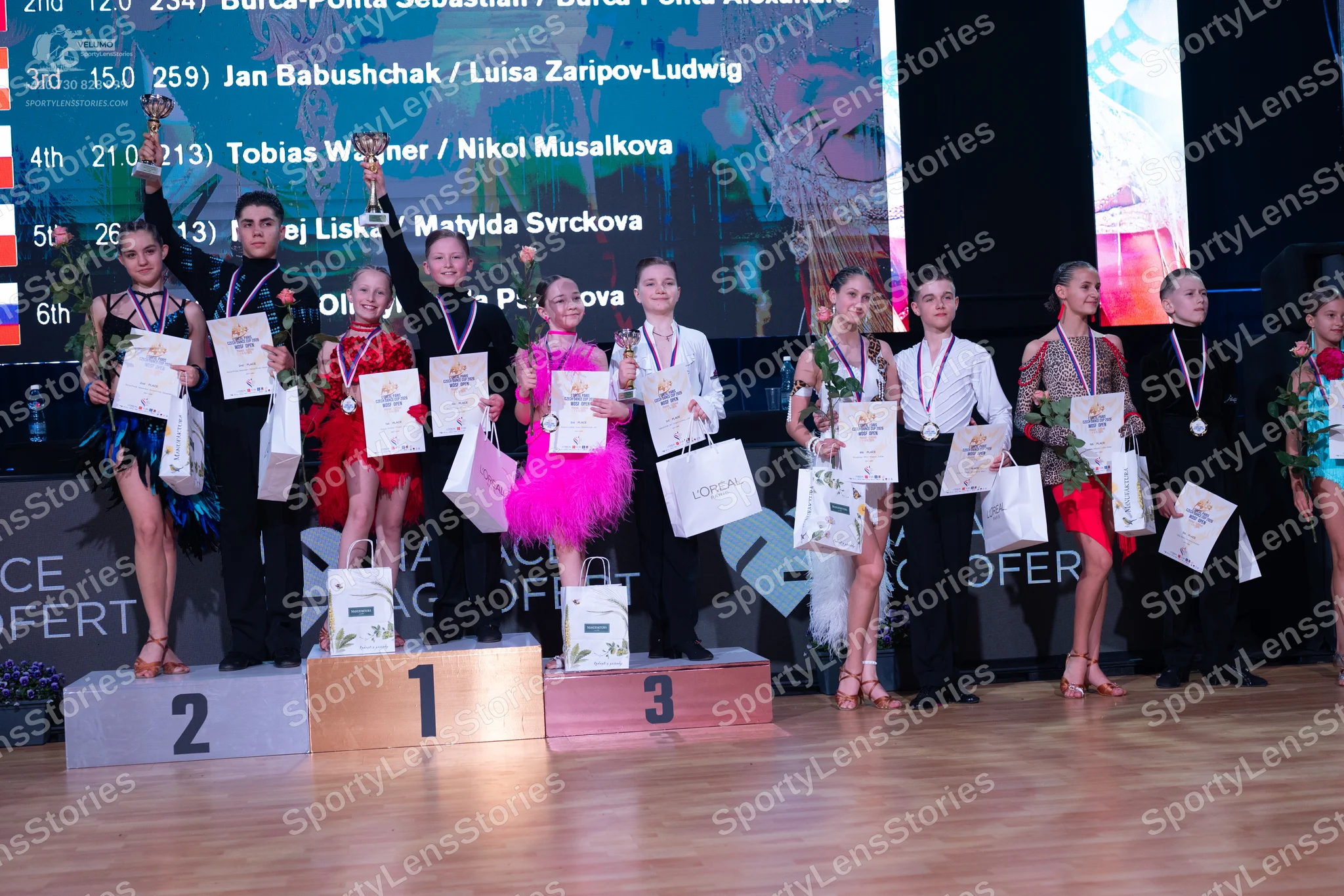 Dancesport competitor: Female dancer: blue and black Latin dress with sequins and fringe