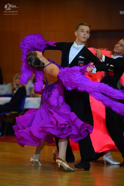 Dancesport competitor: Female dancer: purple ballroom dress with a sequined bodice, large purple feathe