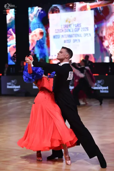Dancesport competitor: Male dancer: black suit with a white shirt collar