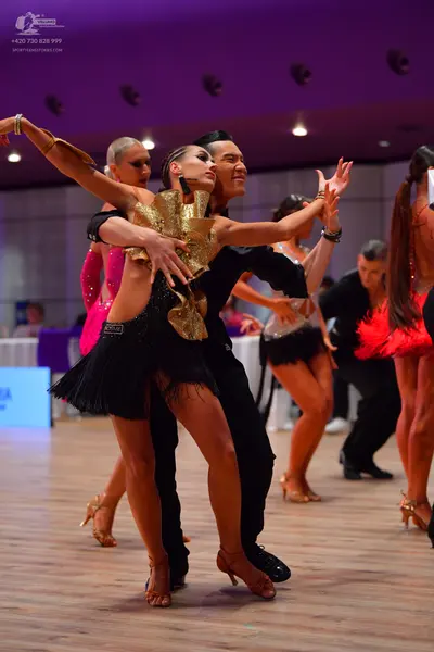 Dancesport competitor: Female dancer (left): pink sequined Latin dress