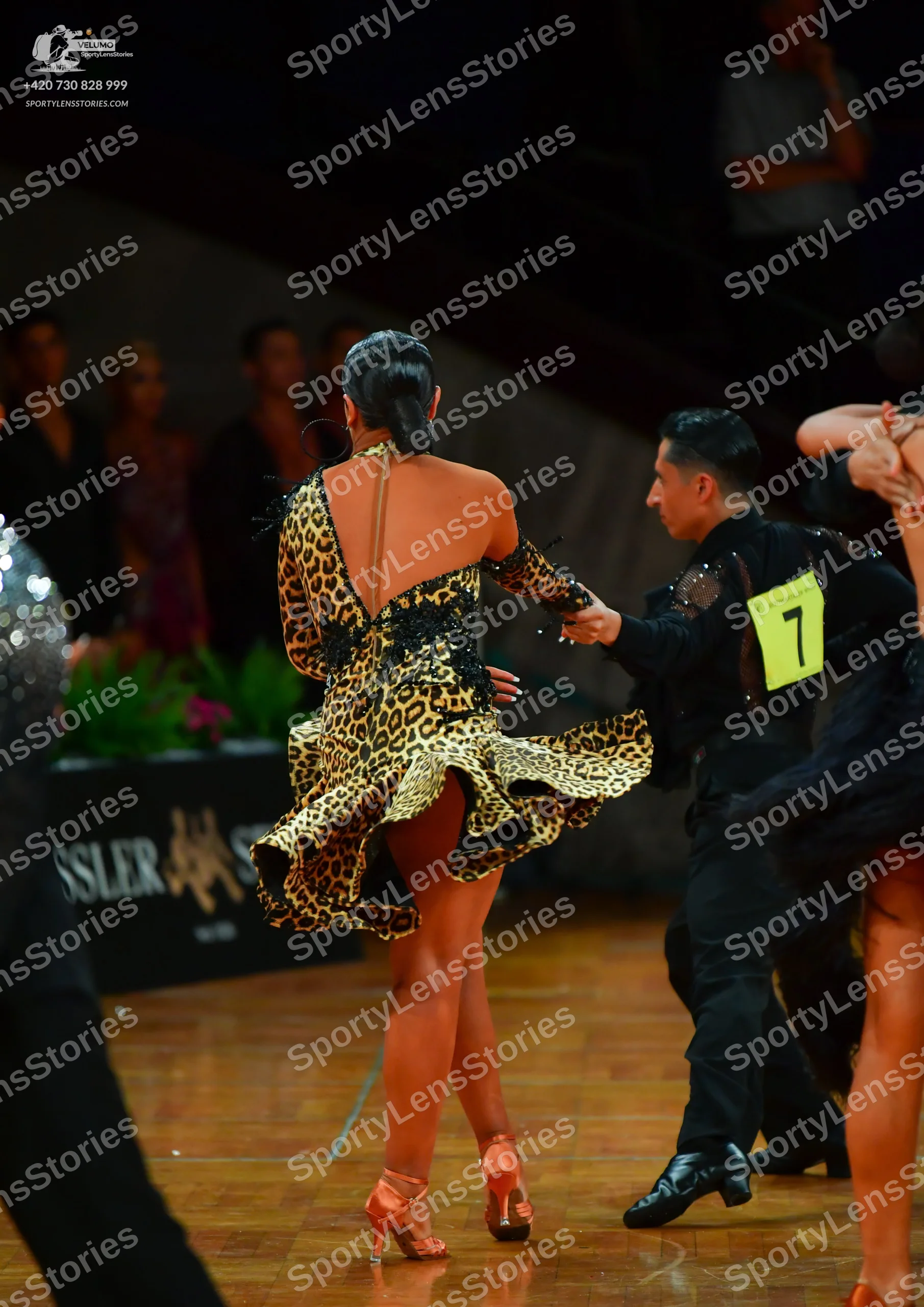 Dancesport competitor: Female dancer: leopard print latin dress with long sleeves, a low back, and a ru