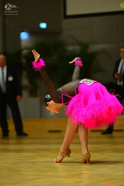 Dancesport competitor #83: Female dancer: pink Latin dance dress with a dark bodice and heavy pink fringe o