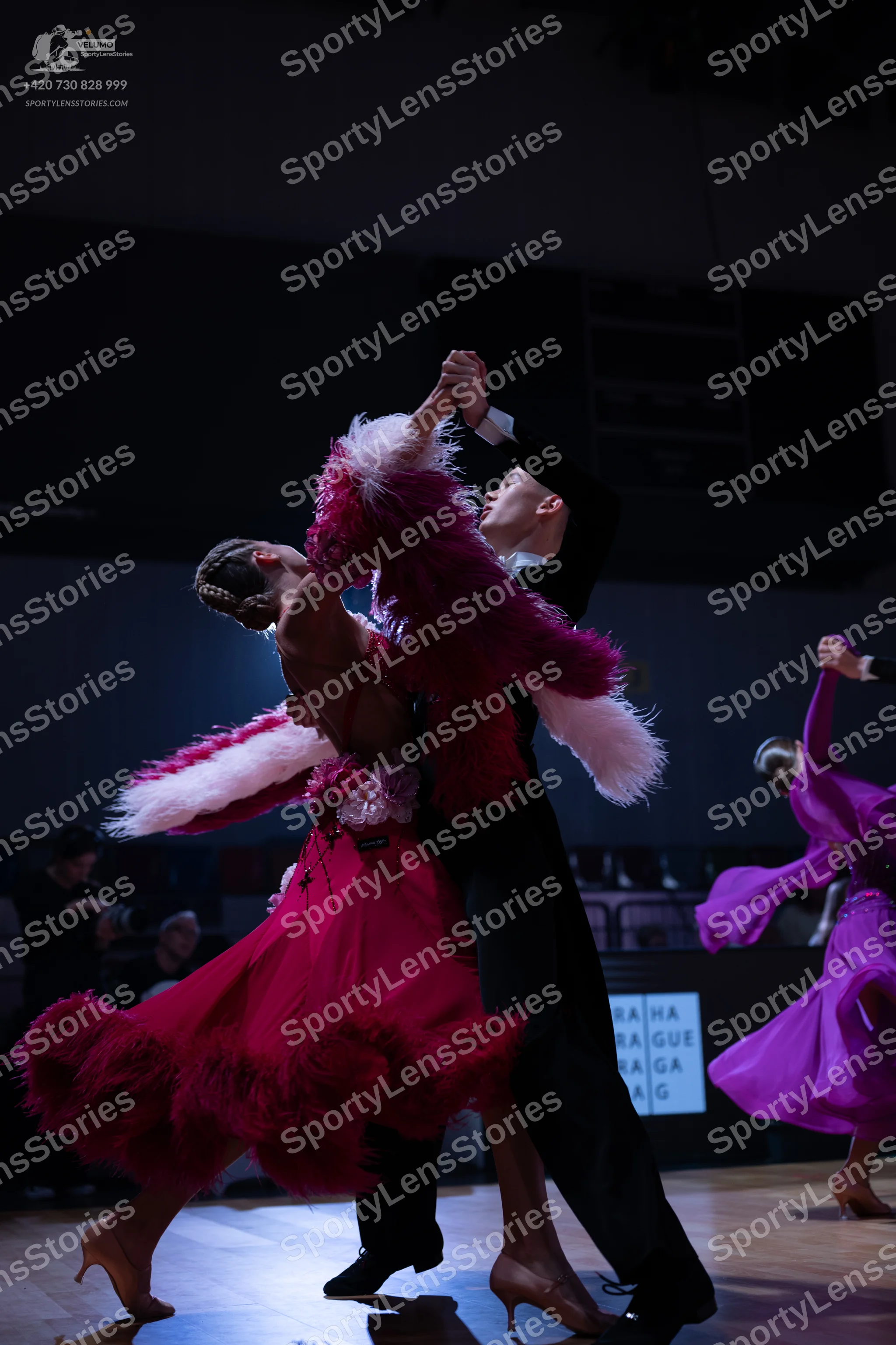 Dancesport competitor: Female dancer: magenta latin dress with large white feathery or fringed accents