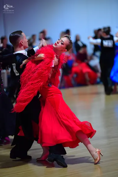 Dancesport competitor #12, #17: Female dancer: red Latin dress with red feather/fringe detail on the bodice and 