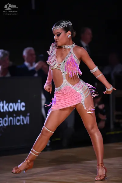 Dancesport competitor: Female dancer: pink latin dress with silver sequins and pink fringe, wearing a s