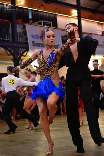 Dancesport competitor #45: Female dancer: leopard print Latin dress with a blue fringed skirt and gold sequ