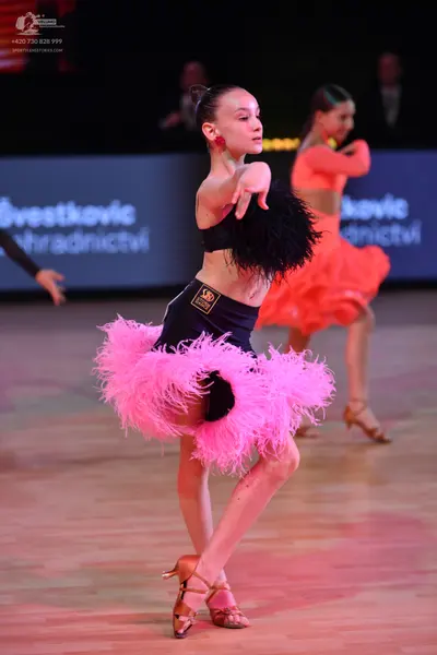 Dancesport competitor: Main dancer: black crop top with black fringe and a black skirt with voluminous 